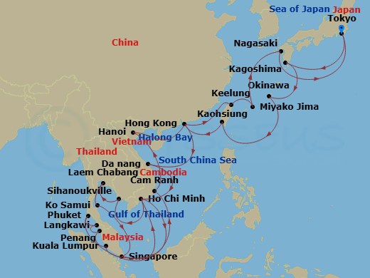 Sapphire Princess - 42 Night - Japan & Southeast Asia Grand Adventure - Sapphire Princess - Starting in Tokyo, Japan, Kagoshima, Japan, Okinawa, Japan, Kaohsiung, Taiwan, Hong Ko.. itinerary map
