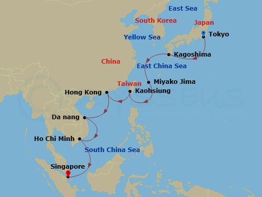 Sapphire Princess - 14 Night - Southeast Asia & Japan - Sapphire Princess - Starting in Tokyo, Japan, Kagoshima, Japan, Miyakojima, Japan, Kaohsiung, Taiwan, Hong Kong, Da Nang /.. itinerary map