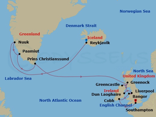 16 Night - Iceland & the Isles Odyssey - Seven Seas Mariner - Starting in Reykjavik, Cruising the Atlantic Ocean, Nuuk, Paamiut, Cruising Prince Christian Sound, Cruising the Atlantic Ocean, Glasgow (Greenock), Greencastle, Dun Laoghaire, Liverpool, Bangor UK, Cork (Cobh), Cruising the Celtic Sea, London (Southampton) itinerary map