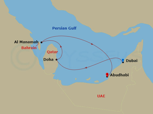 MSC Euribia - 4 Night - Dubai, Abu Dhabi & Qatar - MSC Euribia - Starting in Dubai, United Arab Emirates, Doha, Qatar, Bahrain, Abu Dhabi, United Arab Emirates itinerary map