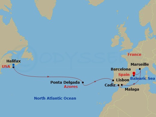 MSC Meraviglia - 14 Night - Hal - MSC Meraviglia - Starting in Halifax, Canada, Ponta Delgada (Azores), Portugal, Lisbon (Cascais), Portugal, Cadiz (Seville), Spain, Malaga (G.. itinerary map