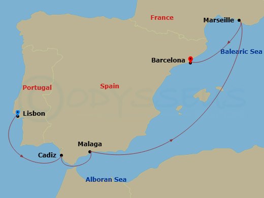 MSC Meraviglia - 6 Night - Msc Grand Voyages - MSC Meraviglia - Starting in Lisbon (Cascais), Portugal, Cadiz (Seville), Spain, Malaga (Granada), Spain, Marseille (Provence),.. itinerary map