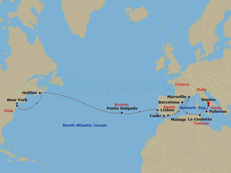 MSC Meraviglia - 20 Night - Msc Grand Voyages - MSC Meraviglia - Starting in New York City (Brooklyn), New York, Halifax, Canada, Ponta Delgada (Azores), Portugal, Lisbon (Cas.. itinerary map