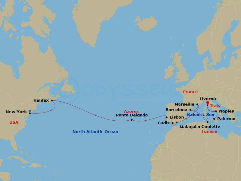 MSC Meraviglia - 21 Night - Msc Grand Voyages - MSC Meraviglia - Starting in New York City (Brooklyn), New York, Halifax, Canada, Ponta Delgada (Azores), Portugal, Lisbon (Cas.. itinerary map
