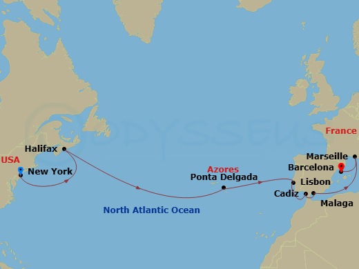 MSC Meraviglia - 16 Night - Msc Grand Voyages - MSC Meraviglia - Starting in New York City (Brooklyn), New York, Halifax, Canada, Ponta Delgada (Azores), Portugal, Lisbon (Cas.. itinerary map