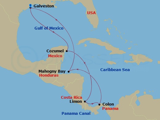 Carnival Miracle - 10 Night - Caribbean & Panama - Carnival Miracle - Starting in Galveston, Tx, Cozumel, Mexico, Limon, Costa Rica, Colon (Panama Canal), Panama, Isla Tropicale.. itinerary map