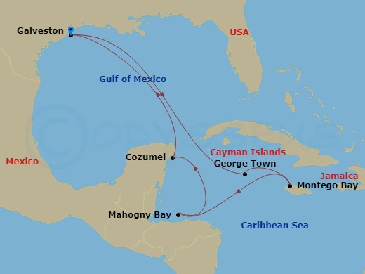 Carnival Miracle - 10 Night - Western Caribbean - Carnival Miracle - Starting in Galveston, Tx, Grand Cayman, Cayman Islands, Montego Bay, Jamaica, Isla Tropicale, Roatan, Beliz.. itinerary map