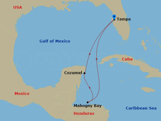 Carnival Paradise - 5 Night - Western Caribbean - Carnival Paradise - Starting in Tampa, Fl, Isla Tropicale, Roatan, Cozumel, Mexico, Tampa, Fl itinerary map