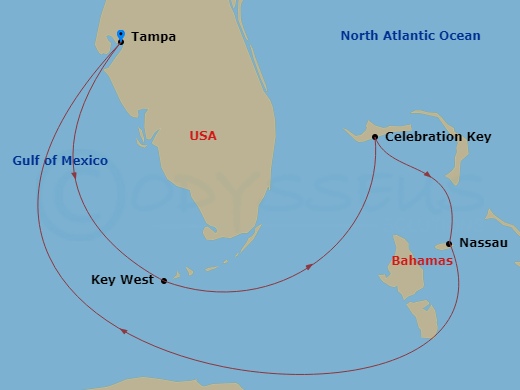 Carnival Paradise - 6 Night - Bahamas - Carnival Paradise - Starting in Tampa, Fl, Key West, FL, Celebration Key, the Bahamas, Nassau, Bahamas, Tampa, Fl itinerary map
