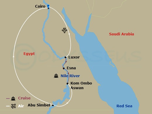 Sun Goddess Cruise Tours - 8 Night - Exploring Egypt - Sun Goddess Cruise Tours - Starting in Cairo, Egypt, Cairo / Pyramids / Sphinx / Grand Egyptian Museum, Cairo, Antiquities Museum.. itinerary map