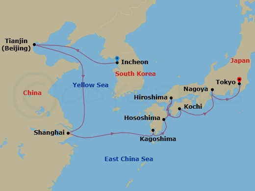 12 Night - Exotic Adventure - Seven Seas Explorer - Starting in Seoul (Incheon), Cruising the Yellow Sea, Beijing (Tianjin), Cruising the East China Sea, Shanghai, Cruising the East China Sea, Kagoshima, Hososhima, Hiroshima, Kochi, Nagoya, Tokyo itinerary map