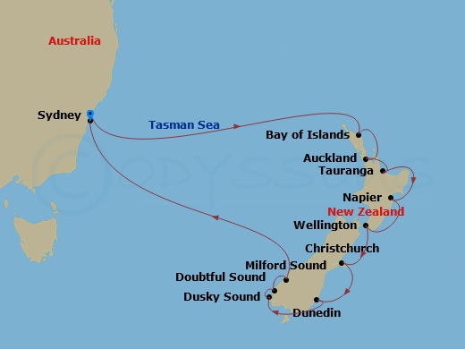 Celebrity Edge - 13 Night - New Zealand Holiday Cruise - Celebrity Edge - Starting in Sydney AU, Bay of Islands, New Zealand, Auckland, New Zealand, Tauranga, New Zealand, Nap.. itinerary map