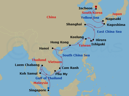 23 Night - Lunar Celebrations - Seven Seas Explorer - Starting in Singapore, Cruising the Gulf of Thailand, Ko Samui, Bangkok (Laem Chabang), Cruising the Gulf of Thailand, Phu My (Ho Chi Minh City), Cam Ranh, Cruising the South China Sea, Hanoi (Ha Long Bay), Cruising the South China Sea, Hong Kong, Cruising the South China Sea, Taipei (Keelung), Ishigaki (Sakishima Islands), Hirara (Miyakojima), Cruising the East China Sea, Shanghai, Cruising the East China Sea, Kagoshima, Nagasaki, Cruising the Yellow Sea, Seoul (Incheon) itinerary map