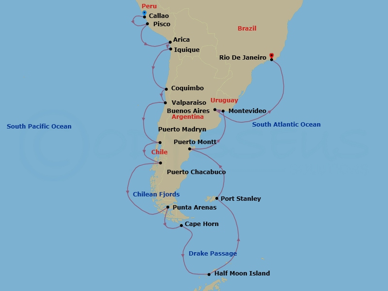 30 Night - Verdant Empire - Seven Seas Voyager - Starting in Lima (Callao), Pisco (Nazca Lines), Cruising the Pacific Ocean, Arica, Iquique, Cruising the Pacific Ocean, Coquimbo, Valparaiso, Cruising the Pacific Ocean, Puerto Montt, Puerto Chacabuco, Cruising the Chilean Fjords, Punta Arenas, Cruising by Cape Horn, Antarctica, Cruising the Drake Passage, Cruising by Paradise Bay, Antarctica, Cruising by Half Moon Islands, Antarctica, Cruising the Atlantic Ocean, Port Stanley, Falkland Islands, Cruising the Atlantic Ocean, Puerto Madryn, Cruising the Atlantic Ocean, Montevideo, Buenos Aires, Cruising the Atlantic Ocean, Rio De Janeiro itinerary map