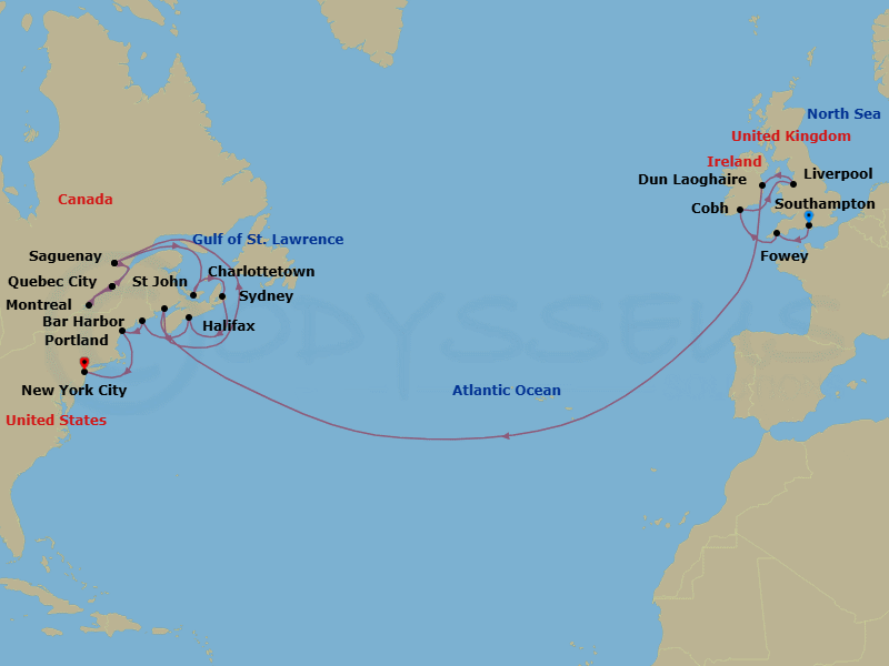 25 Night - Harvest Crossing - Seven Seas Grandeur - Starting in London (Southampton), Fowey, Cork (Cobh), Liverpool, Dun Laoghaire, Cruising the Atlantic Ocean, St Johns, Cruising the Gulf of St Lawrence, Cruising the St Lawrence River, Saguenay, Quebec City, Montreal, Quebec City, Saguenay, Cruising the St Lawrence River, Cruising Gulf of St Lawrence, Charlottetown, Sydney CA, Halifax, Bar Harbor, Portland ME, Cruising the Atlantic Ocean, New York itinerary map