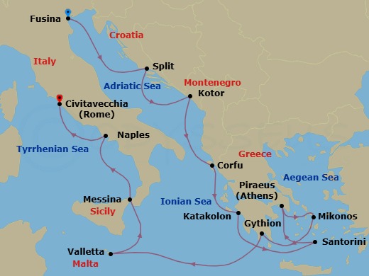 14 Night - Canals & Classics - Seven Seas Grandeur - Starting in Venice (Fusina), Split, Kotor, Corfu, Katakolon, Cruising the Ionian Sea, Santorini, Athens (Piraeus), Mykonos, Gythion, Cruising the Ionian Sea, Valletta, Messina (Sicily), Naples / Pompeii, Rome (Civitavecchia) itinerary map