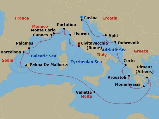 18 Night - Mediterranean Reverie - Seven Seas Grandeur - Starting in Venice (Fusina), Split, Dubrovnik, Croatia, Corfu, Argostoli (Cephalonia), Monemvasia, Athens (Piraeus), Cruising the Ionian Sea, Valletta, Cruising the Mediterranean Sea, Palma De Mallorca, Barcelona, Palamos, Cannes, Monte Carlo, Cruising the Ligurian Sea, Portofino, Tuscany (Livorno), Rome (Civitavecchia) itinerary map