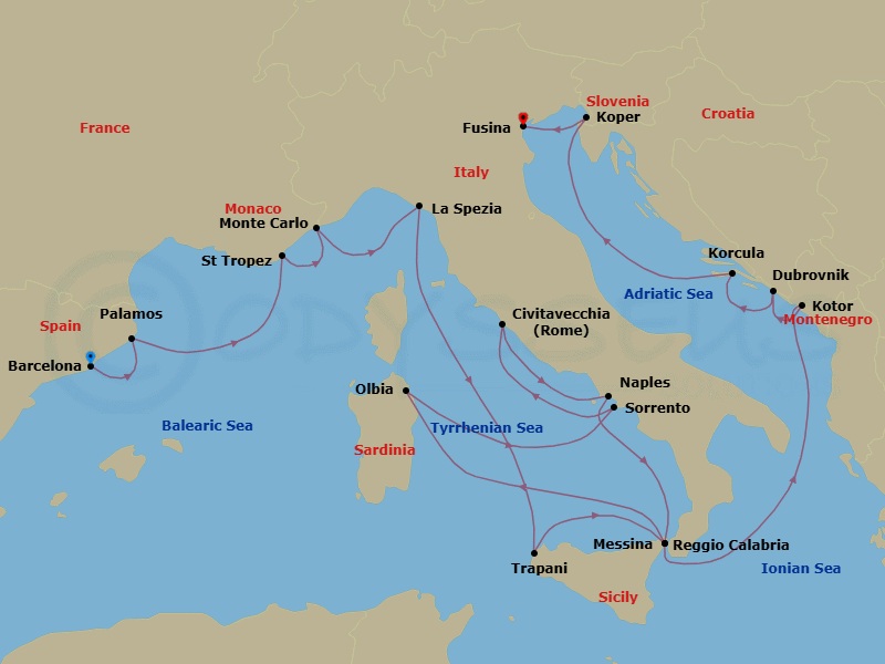 18 Night - Italia in Full - Seven Seas Grandeur - Starting in Barcelona, Palamos, Saint-Tropez, Monte Carlo, La Spezia (Cinque Terre), Cruising the Tyrrhenian Sea, Trapani (Sicily), Reggio Calabria, Olbia (Sardinia), Sorrento / Capri, Rome (Civitavecchia), Naples / Pompeii, Messina (Sicily), Cruising the Ionian Sea, Kotor, Dubrovnik, Croatia, Korcula, Koper, Venice (Fusina) itinerary map