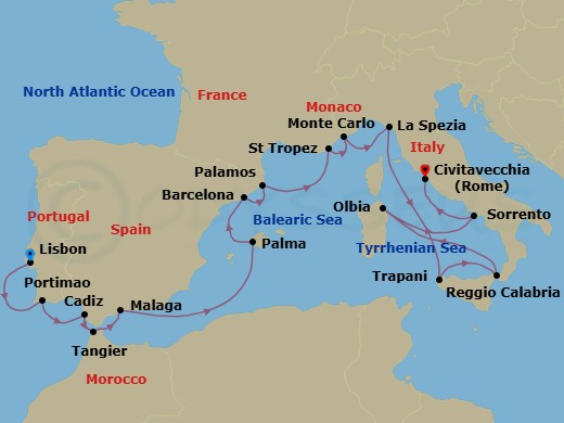 17 Night - Lisbon to Liguria - Seven Seas Grandeur - Starting in Lisbon, Portimao, Cadiz, Tangier, Malaga, Cruising the Mediterranean Sea, Palma De Mallorca, Barcelona, Palamos, Saint-Tropez, Monte Carlo, La Spezia (Cinque Terre), Cruising the Tyrrhenian Sea, Trapani (Sicily), Reggio Calabria, Olbia (Sardinia), Sorrento / Capri, Rome (Civitavecchia) itinerary map