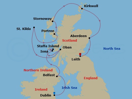 9 Night - Scottish Isles : Historic Trails & Wilderness - Scenic Eclipse - Starting in Dublin, Belfast, Iona Island / Staffa, Oban UK, Scotland, St Kilda, Portree, Isle of Skye, Stornoway, Isle of Lewis, Kirkwall, Orkney Islands, Aberdeen, Scotland, Leith (Edinburgh) itinerary map