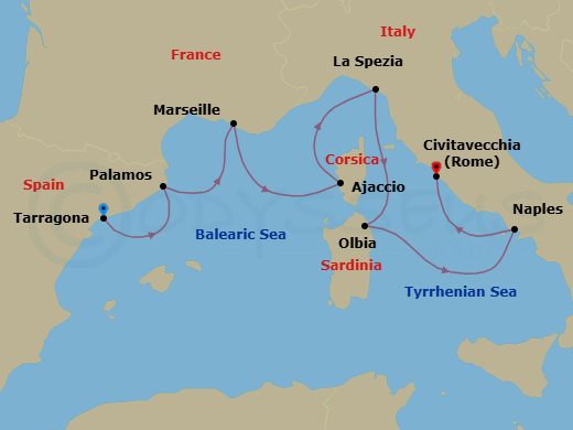 7 Night - Costa Brave & Italy - Oceania Sirena - Starting in Barcelona (Tarragona), Palamos, Provence (Marseille), Ajaccio (Corsica), Cinque Terre (La Spezia), Olbia / Porto Cervo (Sardinia), Naples / Pompeii, Rome (Civitavecchia) itinerary map
