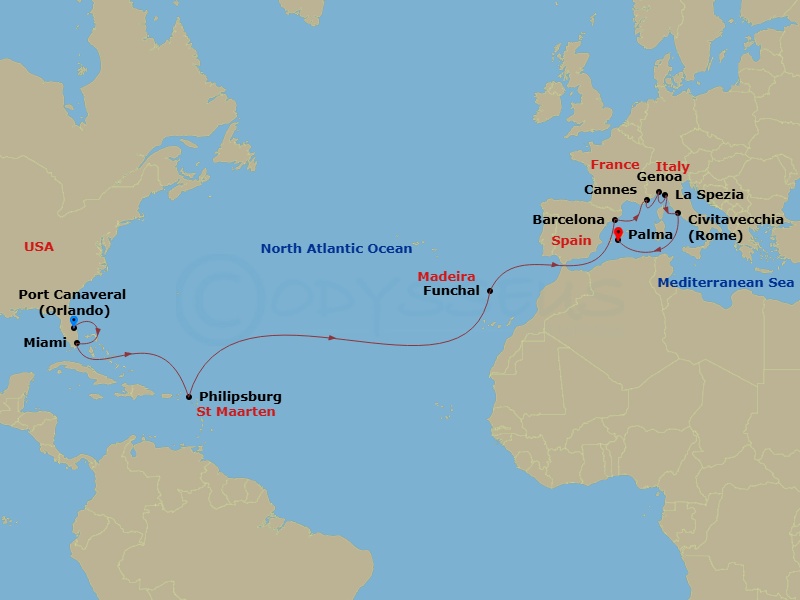 20 Night - Transatlantic from Orlando (Port Canaveral) to Palma De Mallorca - MSC Grandiosa - Starting in Port Canaveral (Orlando), Florida, Miami, Florida, Philipsburg, Saint Martin, Funchal (Madeira Islands), Portugal, Barcelona, Spain, Cannes (Cote Dazur), France, Genoa (Portofino), Italy, La Spezia (Cinque Terre), Italy, Civitavecchia (Rome), Italy, Palma De Mallorca (Balearic Islands), Spain itinerary map