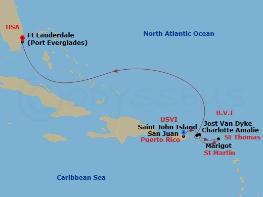 Crystal Symphony - 7 Night - The Americas & Caribbean - Crystal Symphony - Starting in San Juan, Jost Van Dyke, British Virgin Islands, Marigot, St Martin, St John VI, St Thomas.. itinerary map