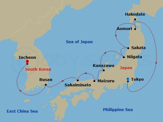 Crystal Symphony - 11 Night - Asia and Asia Pacific from Tokyo to Incheon - Crystal Symphony - Starting in Tokyo, Hakodate (Hokkaido), Aomori, Sakata, Niigata, Kanazawa, Maizuru.. itinerary map