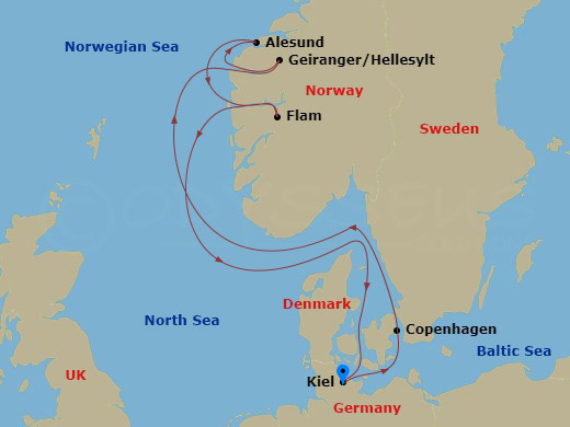 7 Night - Northern Europe - MSC Euribia - Starting in Kiel, Germany, Copenhagen, Denmark, Hellesylt, Norway, Alesund, Norway, Flam, Norway, Kiel, Germany itinerary map