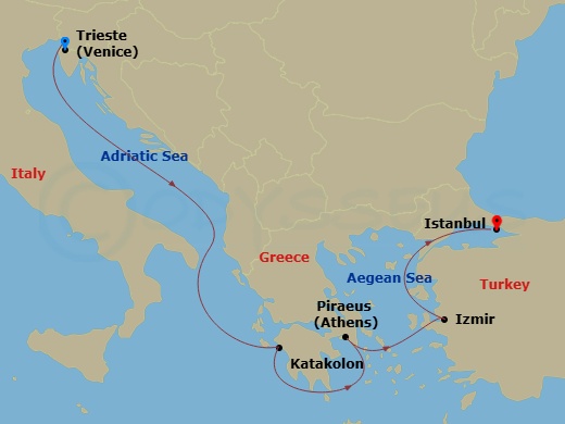 5 Night - Mediterranean - MSC Fantasia - Starting in Trieste (Venice), Italy, Katakolon (Olympia), Greece, Piraeus (Athens), Greece, Izmir (Ephesus), Turkey, Istanbul, Turkey itinerary map