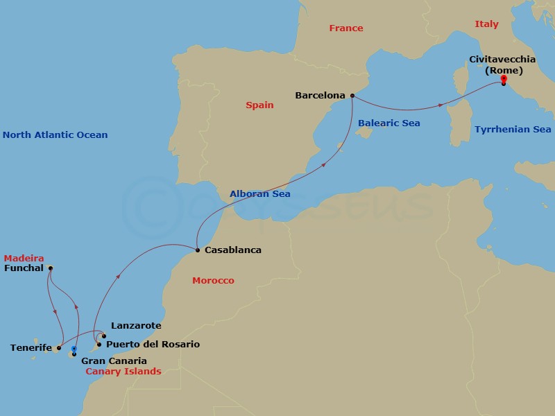 MSC Musica - 10 Night - Canary Islands and Madeira - MSC Musica - Starting in Las Palmas de Gran Canaria (Canary Islands), Spain, Funchal (Madeira Islands), Portugal, Sant.. itinerary map