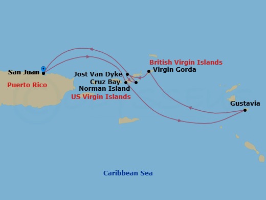 7 Night - Cruise Roundtrip from San Juan - SeaDream II - Starting in San Juan, St John VI (Cruz Bay), US Virgin Islands, Gustavia, Spanish Town, Virgin Gorda, Leverick Bay, Virgin Gorda, White Bay, Jost van Dyke, Norman Island, San Juan itinerary map