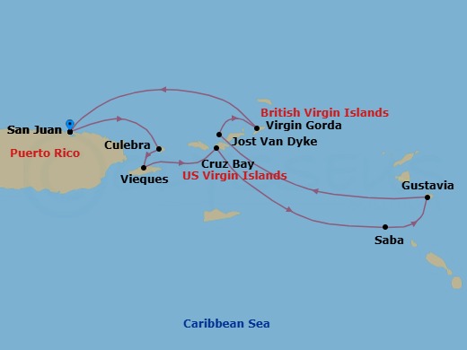 7 Night - Cruise Roundtrip from San Juan - SeaDream II - Starting in San Juan, Culebra, Esperanza, Vieques Island, St John VI (Cruz Bay), US Virgin Islands, Saba, Gustavia, White Bay, Jost van Dyke, Spanish Town, Virgin Gorda, Leverick Bay, Virgin Gorda, San Juan itinerary map