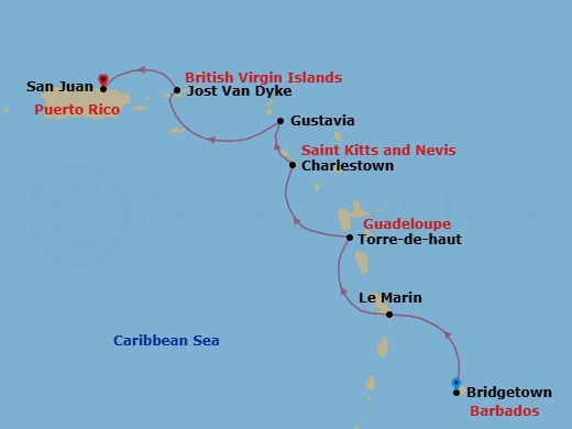7 Night - Cruise from Bridgetown to San Juan - SeaDream II - Starting in Bridgetown, Barbados, Le Marin, Terre De Haut, Iles des Saintes, Charlestown, Nevis, Gustavia, White Bay, Jost van Dyke, San Juan itinerary map