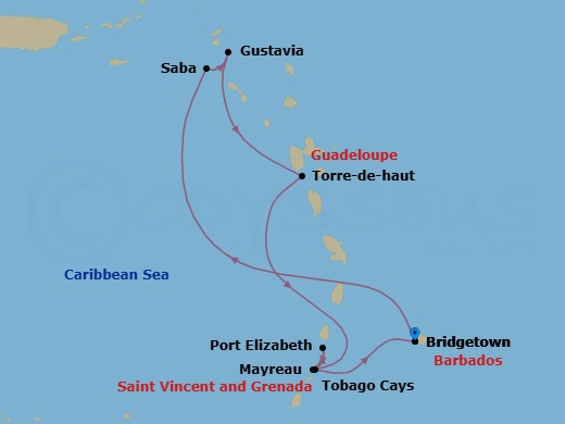 10 Night - Cruise Roundtrip from Bridgetown - SeaDream II - Starting in Bridgetown, Barbados, Rodney Bay, South Friars Bay, Saba, Gustavia, Terre De Haut, Iles des Saintes, Tobago Cays, Port Elizabeth VC, Bequia, Mayreau, Bridgetown, Barbados itinerary map