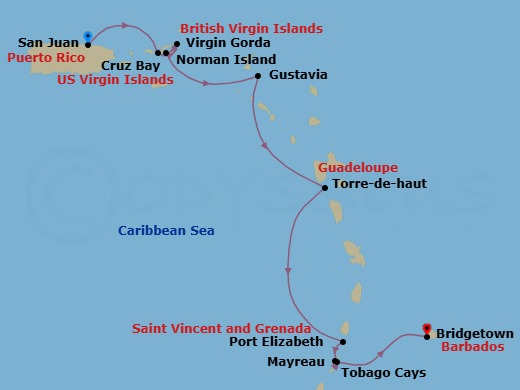11 Night - Cruise from San Juan to Bridgetown - SeaDream II - Starting in San Juan, St John VI (Cruz Bay), US Virgin Islands, Spanish Town, Virgin Gorda, Norman Island, Gustavia, South Friars Bay, Terre De Haut, Iles des Saintes, Port Elizabeth VC, Bequia, Tobago Cays, Mayreau, Bridgetown, Barbados itinerary map