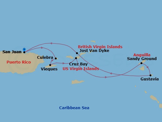 7 Night - Cruise Roundtrip from San Juan - SeaDream II - Starting in San Juan, Culebra, Esperanza, Vieques Island, St John VI (Cruz Bay), US Virgin Islands, Sandy Ground, Gustavia, Leverick Bay, Virgin Gorda, Trellis Bay, Beef Island, White Bay, Jost van Dyke, San Juan itinerary map