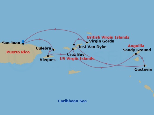 7 Night - Cruise Roundtrip from San Juan - SeaDream II - Starting in San Juan, Culebra, Esperanza, Vieques Island, St John VI (Cruz Bay), US Virgin Islands, Sandy Ground, Gustavia, White Bay, Jost van Dyke, Spanish Town, Virgin Gorda, Leverick Bay, Virgin Gorda, San Juan itinerary map