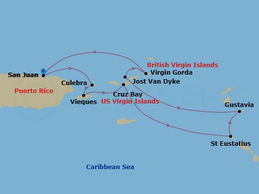 7 Night - Cruise Roundtrip from San Juan - SeaDream II - Starting in San Juan, Culebra, Esperanza, Vieques Island, St John VI (Cruz Bay), US Virgin Islands, Sint Eustatius, Gustavia, White Bay, Jost van Dyke, Spanish Town, Virgin Gorda, Leverick Bay, Virgin Gorda, San Juan itinerary map