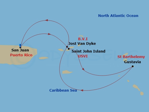 SeaDream II - 5 Night - Cruise Roundtrip from San Juan - SeaDream II - Starting in San Juan, St John VI (Cruz Bay), US Virgin Islands, Gustavia, White Bay, Jost van Dyke, S.. itinerary map