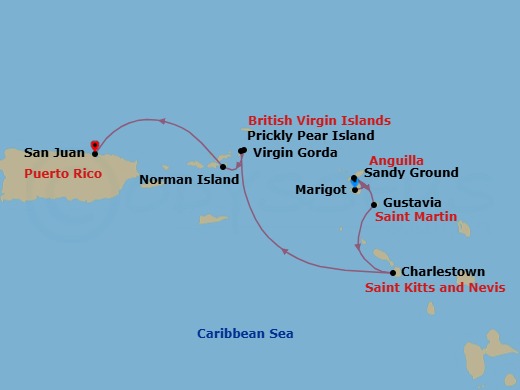 7 Night - Cruise from Marigot to San Juan - SeaDream I - Starting in Marigot, Sandy Ground, Gustavia, Charlestown, Nevis, Spanish Town, Virgin Gorda, Leverick Bay, Virgin Gorda, Prickly Pear, Norman Island, San Juan itinerary map