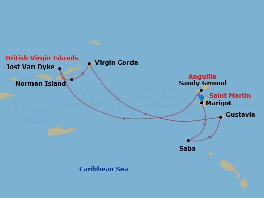 7 Night - Cruise Roundtrip from Marigot - SeaDream I - Starting in Marigot, Saba, Gustavia, Spanish Town, Virgin Gorda, Leverick Bay, Virgin Gorda, Norman Island, White Bay, Jost van Dyke, Sandy Ground, Marigot itinerary map