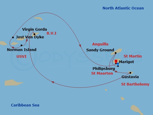 SeaDream I - 6 Night - Cruise from St Maarten (Philipsburg) to Marigot - SeaDream I - Starting in Philipsburg, Sandy Ground, Gustavia, Spanish Town, Virgin Gorda, Leverick.. itinerary map