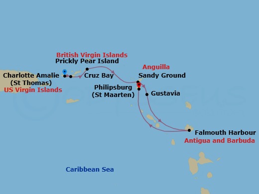 7 Night - Cruise from St Thomas (Charlotte Amalie) to St Maarten (Philipsburg) - SeaDream I - Starting in Charlotte Amalie, St Thomas, St John VI (Cruz Bay), US Virgin Islands, Prickly Pear, Sandy Ground, Gustavia, South Friars Bay, Falmouth Bay, Philipsburg itinerary map