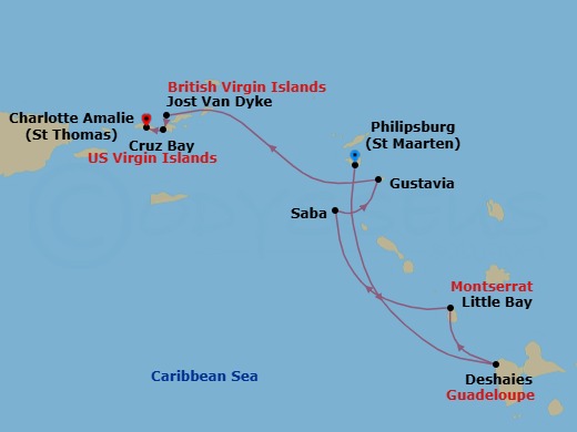 7 Night - Cruise from St Maarten (Philipsburg) to St Thomas (Charlotte Amalie) - SeaDream I - Starting in Philipsburg, Deshaies, Little Bay, Saba, Gustavia, White Bay, Jost van Dyke, St John VI (Cruz Bay), US Virgin Islands, Charlotte Amalie, St Thomas itinerary map