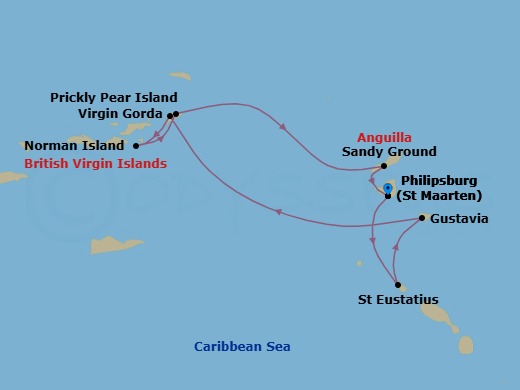7 Night - Cruise Roundtrip from St Maarten (Philipsburg) - SeaDream I - Starting in Philipsburg, Sint Eustatius, Gustavia, Spanish Town, Virgin Gorda, Leverick Bay, Virgin Gorda, Norman Island, Prickly Pear, Trellis Bay, Beef Island, Sandy Ground, Philipsburg itinerary map