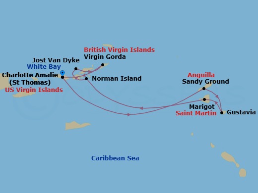 7 Night - Cruise Roundtrip from St Thomas (Charlotte Amalie) - SeaDream I - Starting in Charlotte Amalie, St Thomas, Sandy Ground, Gustavia, Marigot, Norman Island, White Bay, Jost van Dyke, Spanish Town, Virgin Gorda, Leverick Bay, Virgin Gorda, Charlotte Amalie, St Thomas itinerary map