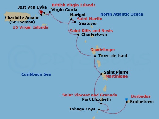 11 Night - Cruise from Bridgetown to St Thomas (Charlotte Amalie) - SeaDream I - Starting in Bridgetown, Barbados, Port St Charles, Tobago Cays, Port Elizabeth VC, Bequia, St Pierre, Terre De Haut, Iles des Saintes, Charlestown, Nevis, South Friars Bay, Marigot, Gustavia, Spanish Town, Virgin Gorda, Leverick Bay, Virgin Gorda, White Bay, Jost van Dyke, Charlotte Amalie, St Thomas itinerary map