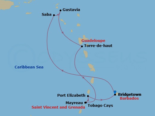 10 Night - Cruise Roundtrip from Bridgetown - SeaDream I - Starting in Bridgetown, Barbados, Rodney Bay, South Friars Bay, Saba, Gustavia, Terre De Haut, Iles des Saintes, Mayreau, Tobago Cays, Port Elizabeth VC, Bequia, Bridgetown, Barbados itinerary map