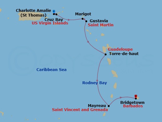 7 Night - Cruise from St Thomas (Charlotte Amalie) to Bridgetown - SeaDream I - Starting in Charlotte Amalie, St Thomas, St John VI (Cruz Bay), US Virgin Islands, Marigot, Gustavia, Terre De Haut, Iles des Saintes, Rodney Bay, Mayreau, Bridgetown, Barbados itinerary map